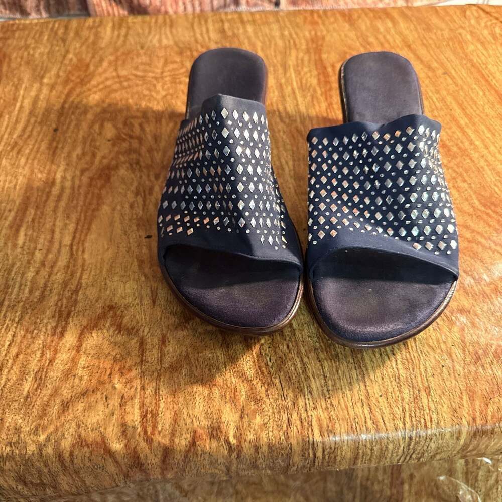 Onex Nori Navy Blue Rhinestone Studded Wedge Slide Sandals
